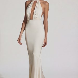 Backless Halterneck Fishtail Gown in Ivory