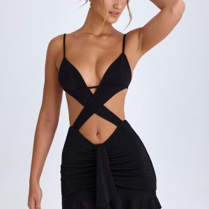 Ruffle-Trim Cut-Out Mini Dress in Black