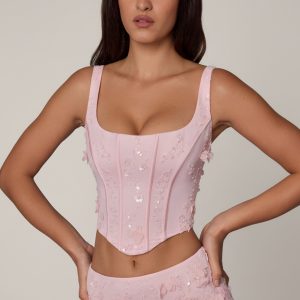 Embellished Lace-Up Corset Top in Soft Pink