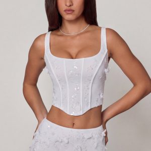 Embellished Lace-Up Corset Top in White