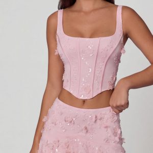 Embellished Mid-Rise A-Line Mini Skirt in Soft Pink