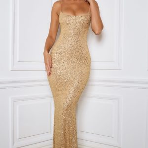 Embellished Fishtail Maxi Dress in Gold