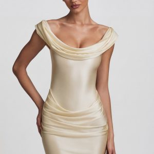Satin Off-Shoulder Draped Mini Dress in Ivory