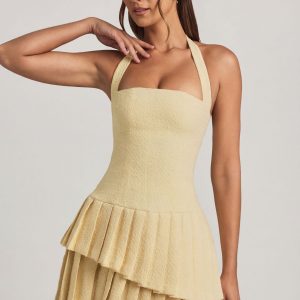 Asymmetric Layered Halterneck Mini Dress in Pastel Yellow