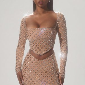 Embellished Asymmetric Crop Top in Almond