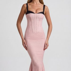Layered Bra-Detail Fishtail Midaxi Dress in Pink Polka Dot