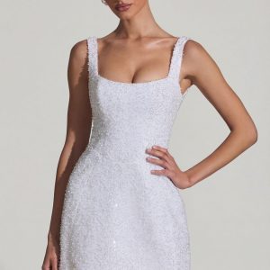 Embellished Structured A-Line Mini Dress in White