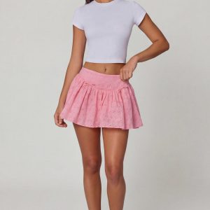 Bow-Detail Broderie Anglaise Mini Skirt in Soft Pink