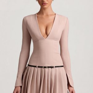 Long-Sleeve Pleated Mini Dress in Mushroom