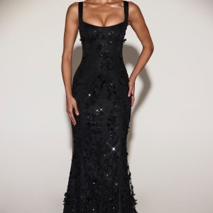 Embellished Appliqué Soft-Scoop Corset Gown in Black