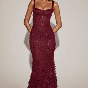 Embellished Appliqué Soft-Scoop Corset Gown in Wine Red