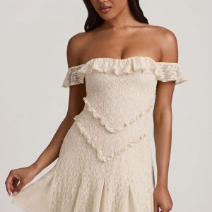 Off-Shoulder Lace A-Line Mini Dress in Ivory