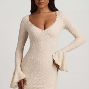 Long-Sleeve Ruffled Lace Mini Dress in Ivory