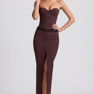 Pinstripe Low-Rise Maxi Skirt in Chocolate Brown