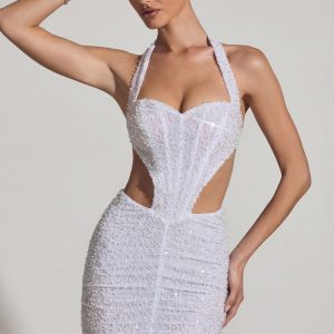 Embellished Cut-Out Halterneck Mini Dress in White