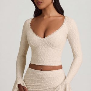 Ruffle Long-Sleeve Lace Top in Ivory