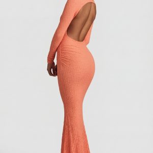 Ruched Backless Lace Maxi Dress in Peach