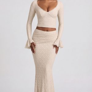 Draped Low-Rise Lace Maxi Skirt in Ivory