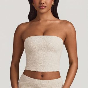 Ruched Strapless Lace Top in Ivory