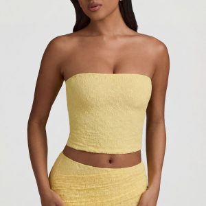 Ruched Strapless Lace Top in Pastel Yellow