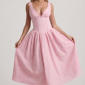 Broderie Anglaise Bow-Detail A-Line Midaxi Dress in Soft Pink