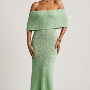 Bouclé Off-Shoulder Maxi Dress in Mint