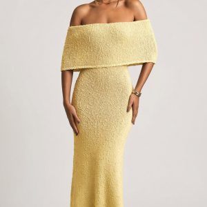 Bouclé Off-Shoulder Maxi Dress in Yellow