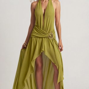 Asymmetric Halterneck Maxi Dress in Olive Green