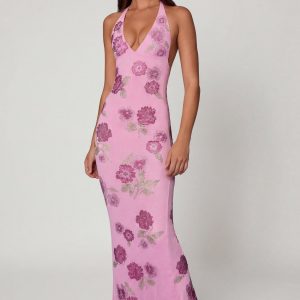 Embellished Halterneck Maxi Dress in Soft Pink