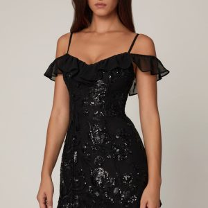 Embellished Lace-Up A-Line Mini Dress in Black