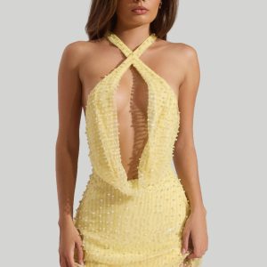 Embellished Cowl-Neck Backless Mini Dress in Yellow