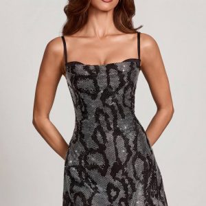 Embellished Cowl Neck A-line Mini Dress in Silver Snake