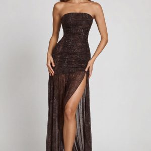 Embellished Bandeau Gathered Maxi Dress in Snake Hotfix