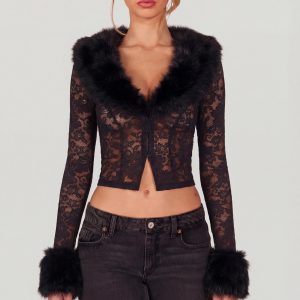 Sheer Lace Faux-Fur-Trim Cardigan in Black