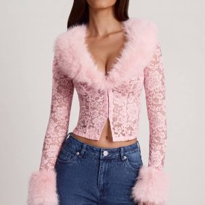 Sheer Lace Faux-Fur-Trim Cardigan in Pink