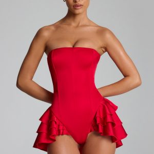 Ruffled Lace-Up Corset Playsuit in Fire Red