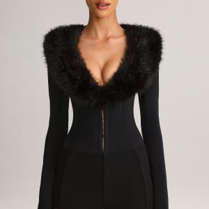 Faux Fur-Trim Corset Playsuit in Black