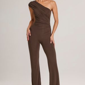 Modal One-Shoulder Jumpsuit in Chocolate Brown