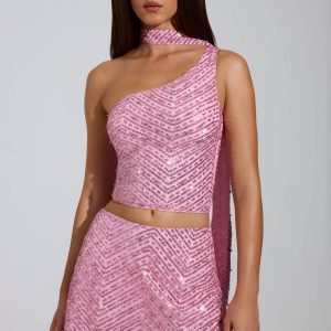 Embellished Asymmetric Scarf-Detail Top in Pink