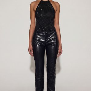 Faux Croc-Leather Straight-Leg Trousers in Black