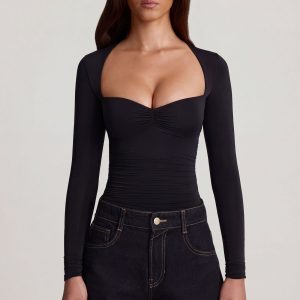 Soft Jersey Sweetheart Ruched Long-Sleeve Top in Black