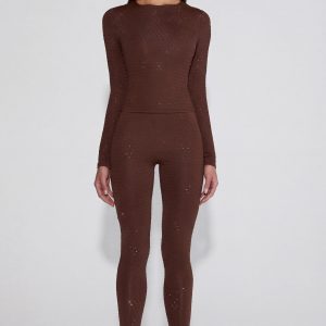 Embellished Jersey High-Waisted Leggings in Chocolate Brown