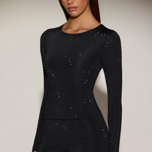 Embellished Crew-Neck Long-Sleeve Top in Black