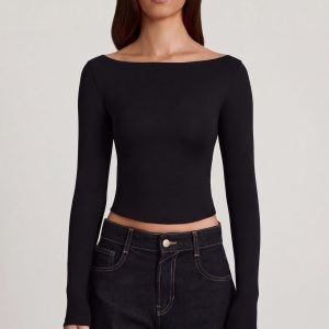 Modal Boat-Neck Long-Sleeve Top in Black