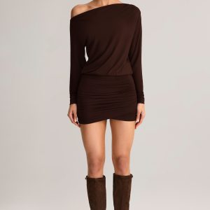Modal Off-Shoulder Wrap Mini Dress in Chocolate Brown