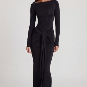 Soft Jersey Boat-Neck Tie-Gather Maxi Dress in Black