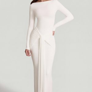 Soft Jersey Boat-Neck Tie-Gather Maxi Dress in White