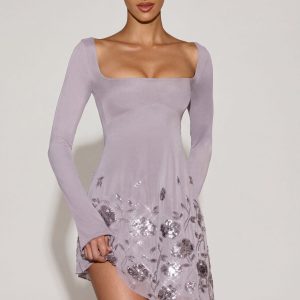 Embellished Appliqu?? Asymmetric Mini Dress in Lilac