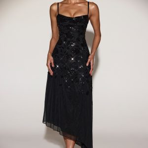 Embellished Soft-Scoop Asymmetric Midaxi Dress in Black