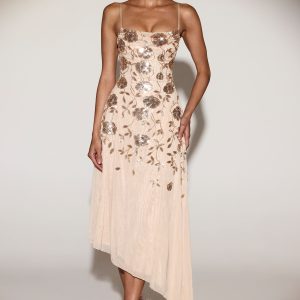Embellished Soft-Scoop Asymmetric Midaxi Dress in Gold